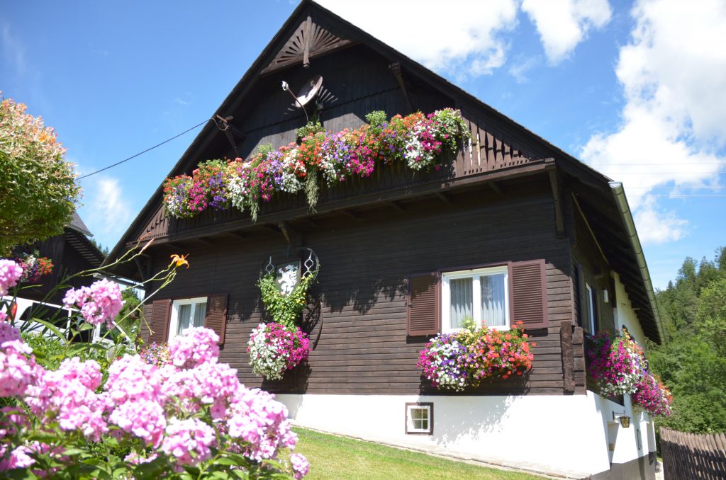 Image of a house planted with pink flowers